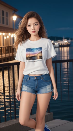 (masterpiece, realistic, best quality, ultra detailed), intricate, professional photography, sharp focus, (8k UHD), RAW photo, dslr, perfect lighting, professional lighting,  1girl wearing t-shirt and denim shorts, sneakers, brown wavy hair, background, harbor, night, night sky,