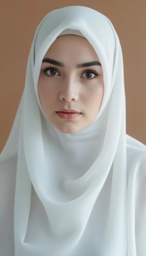 A full shot of a youthful female wearing sheer full hijab with white sheer material,CK