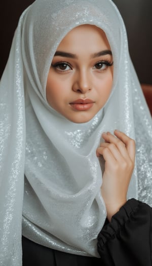 A full shot of a youthful female wearing sheer full hijab with white sheer material,