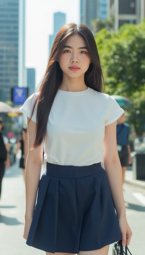 A slutry young woman in a crisp white fitted blouse and navy blue pleated minin skirt, her school uniform attire, walks as a pedestrian on a busy city street. Framed by towering skyscrapers, the warm sunlight casts a gentle glow on her features, accentuating her youthful innocence.