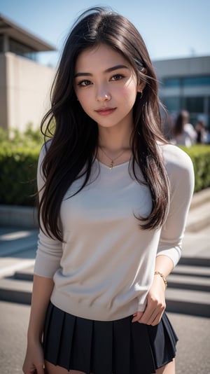 Capture a masterpiece of photography featuring a stunning girl with long, curly black hair (1.1) and intricate details in her school uniform, complete with a miniskirt and random colors. The scene is set in front of a striking fractal pattern (abstract) that creates a sense of depth and dimensionality. Professional HDR lighting (8k UHD RAW photo) casts a cinematic glow, accentuating the subject's features while also capturing the subtle play of iridescent lighting on her skin. Jewelry (1.4) adorns her neck, drawing attention to her radiant smile as she faces the viewer directly. The image is rendered in breathtaking detail, with every curl of hair and fold of fabric meticulously captured. Apply a realistic LUT for a true-to-life representation.