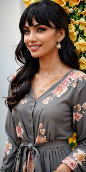 (best quality, masterpiece, ultra detailed, 8K, RAW photo), full body, absuredres, a beautiful student model, long black chignon with blunt bangs, azure outfit,grey eyes,parted greasy lips,kind smile,intricate jewelry,necklace,earrings, bliss, joyful, floral background,vibrant color, colorful