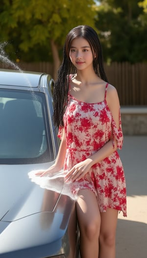 A vibrant young woman, clad in a floral mini oversize dress, mid-splash as she scrubs her sporty car's exterior under warm sunlight. She stands lean forward, water droplets glistening on her wet dress, highlighting the texture of the fabric. The camera frames her from the side, capturing subtle highlights on her hair and shoulders, as she poses with pride and independence, her confident expression radiating through the spray, a splash of water forming a small arc in front of her, emphasizing her carefree spirit.