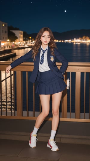 (masterpiece, realistic, best quality, ultra detailed), intricate, professional photography, sharp focus, (8k UHD), RAW photo, dslr, perfect lighting, professional lighting,  1girl wearing school uniform, sneakers, brown wavy hair, background, harbor, night, night sky,