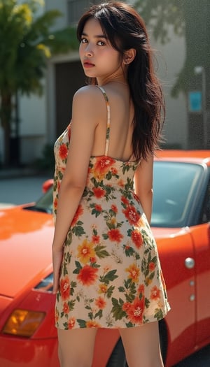 A vibrant young woman, clad in a floral mini oversize dress, mid-splash as she scrubs her sporty car's exterior under warm sunlight. She stands lean forward, water droplets glistening on her wet dress, highlighting the texture of the fabric. The camera frames her from the side, capturing subtle highlights on her hair and shoulders, as she poses with pride and independence, her confident expression radiating through the spray, a splash of water forming a small arc in front of her, emphasizing her carefree spirit.