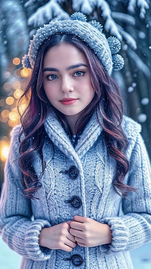 In a whimsical winter wonderland scene, Layla, a charming young girl with piercing golden eyes and rosy cheeks, dons a cozy knitted coat adorned with intricate twin drills and drill locks. Her bright blue hair shines like ice as she gazes lazily into the distance, her sleepy eyes half-lidded in exhaustion. A flurry of delicate snowflakes swirl around her, suspended in mid-air as if time itself has slowed. The soft focus and warm lighting create a sense of intimacy, while the detailed artwork showcases the intricate texture of her lips and the intricate design of her coat.