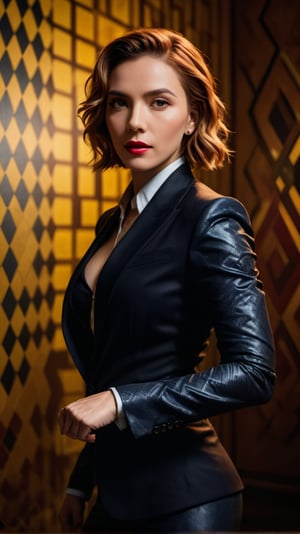 Scarlett Johansson in Black Widow style suit, casting a sultry shadow while shadow boxing against a backdrop of intricate chequer board design. Neck tattoos by Andy Warhol add a touch of surrealism to her sensual and sexy pose. Set against a vibrant, high-contrast color palette with intense chromatic aberration, the image features sharp focus, bokeh, and perfect volumetric lighting. Designed in the style of Gian Galang, this 8K masterpiece captures Scarlett's beauty from every angle. In the foreground, the black and white stipple artwork adds an air of mystery, while the octagon MMA setting in the background heightens the tension. Ink-like brushstrokes bring forth a sense of raw energy, making this full-length poster a stunning tribute to Scarlett's athleticism and allure.