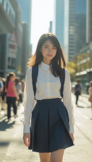 A young woman in a crisp white blouse and navy blue pleated skirt, her school uniform attire, walks as a pedestrian on a busy city street. Framed by towering skyscrapers, the warm sunlight casts a gentle glow on her features, accentuating her youthful innocence.