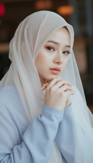 A full shot of a youthful female wearing sheer full hijab with white sheer material,