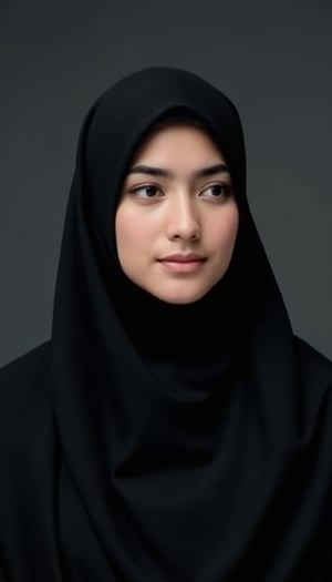 A close-up shot of a youthful female wearing full hijab with black colours,CK