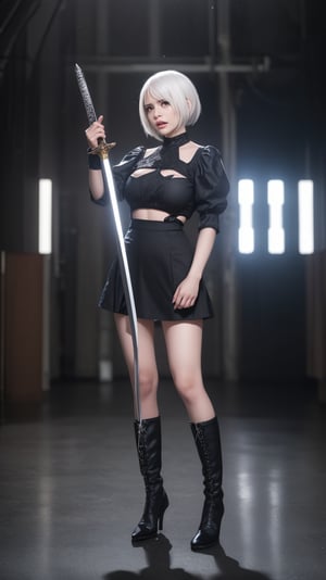 1 woman, solo, yorha_no._2_type_b, short hair, white hair, mole, mole under mouth, skirt, black outfit, sword, standing, facing the viewer, face full of fear, in pain, crying, wide angle shot, full body shot, boots