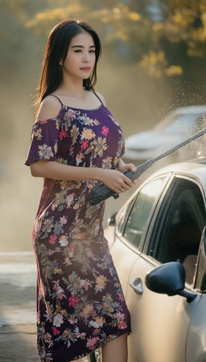 A vibrant young woman, clad in a floral mini oversize dress, mid-splash as she scrubs her sporty car's exterior under warm sunlight. She stands lean, water droplets glistening on her wet dress, highlighting the texture of the fabric. The camera frames her from the side, capturing subtle highlights on her hair and shoulders, as she poses with pride and independence, her confident expression radiating through the spray, a splash of water forming a small arc in front of her, emphasizing her carefree spirit.