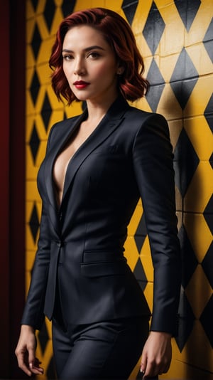 Scarlett Johansson in Black Widow style suit, casting a sultry shadow while shadow boxing against a backdrop of intricate chequer board design. Neck tattoos by Andy Warhol add a touch of surrealism to her sensual and sexy pose. Set against a vibrant, high-contrast color palette with intense chromatic aberration, the image features sharp focus, bokeh, and perfect volumetric lighting. Designed in the style of Gian Galang, this 8K masterpiece captures Scarlett's beauty from every angle. In the foreground, the black and white stipple artwork adds an air of mystery, while the octagon MMA setting in the background heightens the tension. Ink-like brushstrokes bring forth a sense of raw energy, making this full-length poster a stunning tribute to Scarlett's athleticism and allure.