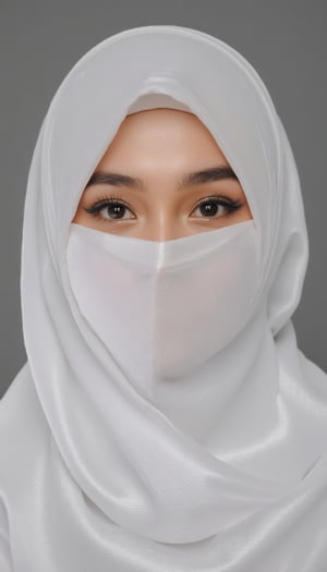 A full shot of a youthful female wearing sheer full hijab with white sheer material,