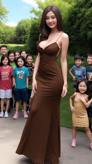 tiny_girl, 1girl,petite, happiness, skinny, Portrait Of beautiful brown haired girl wearing sundress with perky breasts standing surrounded by kids on park, art by Mike Mayhew and Mark brooks and Ross Tran 8K Resolution,Extremely Realistic,Nor4