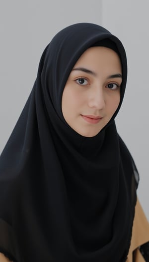 A full shot of a youthful female wearing sheer full hijab with black colours,CK