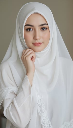 A full shot of a youthful female wearing sheer full hijab with white sheer material,CK