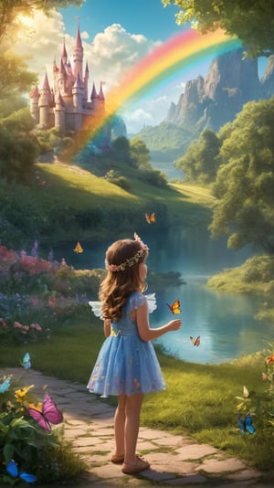 A whimsical scene unfolds! A little girl with rosy cheeks and a floral dress stands amidst a magical forest. She grasps a wand and has a sparkling headdress (1.2) adorned with colorful butterflies fluttering about. By her side is her talking animal companion (1.3), perhaps a friendly dragon (1.1) with its majestic scales glinting in the sunlight. In the distance, a picturesque castle stands tall, with a rainbow arcing above it. The air is filled with floating fairies (1.1), their delicate wings shimmering as they dance among sparks. A huge lollipop (0.9) towers nearby, accompanied by a candy house (1.2) and a wishing well (1.1). This fantastical scene radiates Happiness, Adventure, and Storybook charm!