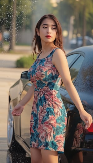 A vibrant young woman, clad in a floral mini oversize dress, mid-splash as she scrubs her sporty car's exterior under warm sunlight. She stands lean, water droplets glistening on her wet dress, highlighting the texture of the fabric. The camera frames her from the side, capturing subtle highlights on her hair and shoulders, as she poses with pride and independence, her confident expression radiating through the spray, a splash of water forming a small arc in front of her, emphasizing her carefree spirit.