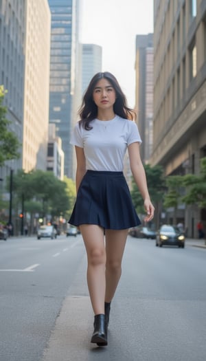 A slutry young woman in a crisp white fitted blouse and navy blue pleated minin skirt, her school uniform attire, walks as a pedestrian on a busy city street. Framed by towering skyscrapers, the warm sunlight casts a gentle glow on her features, accentuating her youthful innocence.