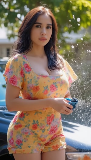 A young woman stands confidently in front of her home, wearing a vibrant mini dress adorned with a floral pattern. She's mid-splash as she scrubs the exterior of her car, creating a mesmerizing display of wet clothes and water droplets. The sun casts a warm glow on this idyllic scene, with subtle highlights on her hair and shoulders.