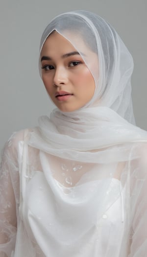 A full shot of a youthful female wearing sheer full hijab with white sheer material,