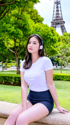 Ultra-detailed illustration of a girl with headphones, cap, and dreamy expression sitting on a bench in the lush gardens of the Eiffel Tower. She wears training gear consisting of a fitted T-shirt and sport shorts, showcasing her toned physique. Dark hair, wavy and falling over one eye, adds to her captivating gaze. Sparkling light blue eyes look off to the side, lost in thought as she takes in the majestic views of the tower's iron latticework. The warm sunlight casts a gentle glow on her features, while the surrounding gardens come alive with vibrant greenery and colorful flowers.,perfect finger,hand