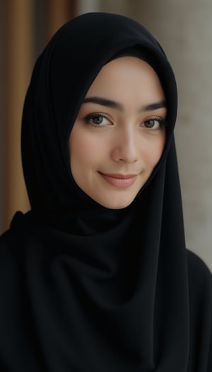 A close-up shot of a youthful female wearing full hijab with black colours,CK