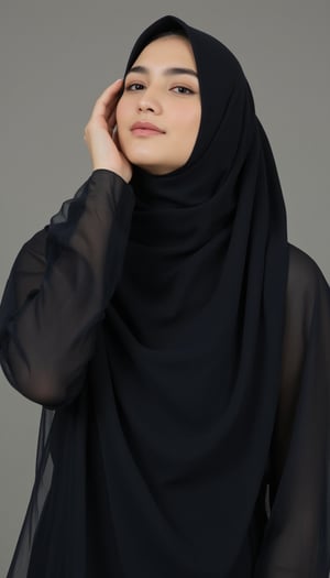 A full shot of a youthful female wearing sheer full hijab with black colours,CK