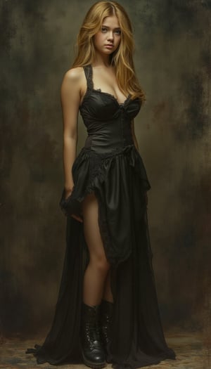 A young Gothic maid, 18 years old, stands with inner splayed feet, her messy blond hair framing her face. A torn skirt, ruddy and shy, reveals a glimpse of golden body proportion beneath. In vivid detail, the 8K wallpaper showcases Ed Blinkey's America's most beautiful body art, inspired by ATey Ghailan's painting styles, reminiscent of Jeremy Professional Gorgeous Mann's and Greg Manches' works, with intricate realism artistry, as if Antonio Moro himself had painted it.