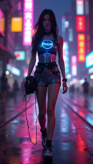 A neon-drenched metropolis pulses to life as a vibrant cyborg young android woman strolls through the bustling streets, her innocent expression shining like the city's radiant lights. The 'flux' display on her chest glows softly amidst the towering skyscrapers. She wears a shimmering, high-tech dress with electric panels and wires that accentuate her toned physique, its reflective fabrics dancing in harmony with the kaleidoscope of colors illuminating the cityscape.