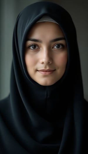 A close-up shot of a youthful female wearing full hijab with black colours,CK