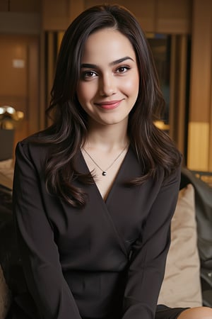 Close-up shot of a single girl wearing school uniform exuding allure and seductiveness as she sits down on a plush couch. Soft focus highlights her curves as she confidently gazes into the camera, her sultry expression radiating sensuality. The dimly lit room is bathed in warm golden tones, casting a flattering glow on her skin.