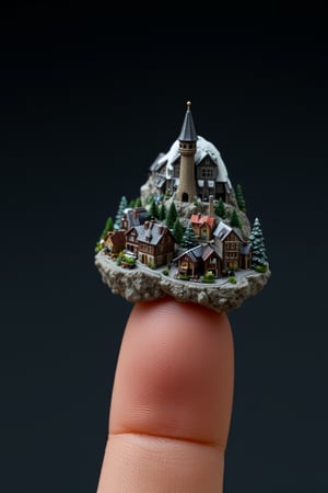 Create an ultra-realistic image of a miniature village standing on a human finger, suitable for high-end publicity. The village should be intricately detailed, with a focus on accuracy and realism. The style should be reminiscent of high-end architectural or product photography, with precise lighting and textures. The image should not contain any logos, signatures, or other defects. The miniature village should be the main focus of the image, with the human finger serving as a subtle yet effective prop to emphasize the scale and detail of the village. The overall mood of the image should be one of wonder and curiosity, inviting the viewer to explore the intricate details of the miniature world.