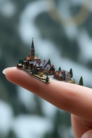 Create an ultra-realistic image of a miniature village standing on a human finger, suitable for high-end publicity. The village should be intricately detailed, with a focus on accuracy and realism. The style should be reminiscent of high-end architectural or product photography, with precise lighting and textures. The image should not contain any logos, signatures, or other defects. The miniature village should be the main focus of the image, with the human finger serving as a subtle yet effective prop to emphasize the scale and detail of the village. The overall mood of the image should be one of wonder and curiosity, inviting the viewer to explore the intricate details of the miniature world.