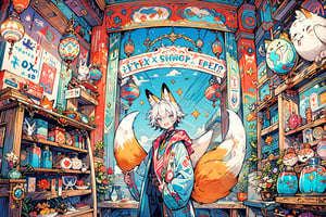 (1boy, fox ears:1.3), colorful potion, (potion shop in fantasy world),  pastelbg, best quality, highly detailed, masterpiece, 8K ,watercolor, 