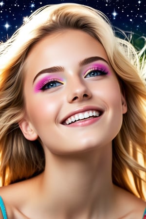 score_9, score_8_up, score_7_up, closeup of a 18 year old girl,,blond hair freckels, dark eye liner, long eye lashes, thick eye brows,blushed cheeks,smile, white teeth,perfect teeth, perfect skin,looking up at sky, night sky filled with many colorful stars, comet with tail view from side, view from below.,Add_More_Details