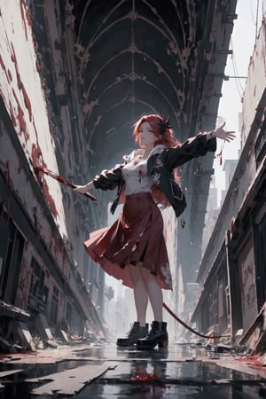 Request masterpiece, (beautiful and aesthetic: 1.5), highly detailed painting of a demon beautiful  girl, long red hair, white eyes, wearing a blood hoodie, micro jeans skirt, Engulfed in flames ,complete body soaked in blood covered in skars, Pentacle necklace, open arms, levitate, hard brush, minimalist painting low polygonal, manga style, sketched oil paintings, use of screen tones, city portraits, heavy painting, digital as manual, perfect body, medium tits, horror, wiew from front, 