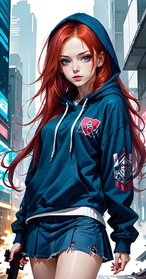 Request masterpiece, (beautiful and aesthetic: 1.5), highly detailed painting of a beautiful student girl with long red hair, wearing a blue hoodie, hood, micro jeans skirt, modern gun in the hand, hard brush, minimalist painting low polygonal, manga style, sketched oil paintings, use of screen tones, city portraits, heavy painting, digital as manual, perfect body, medium tits, look down, wiew from front, walking in futuristic city