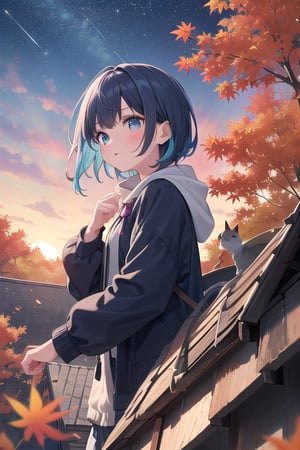 a young girls looks at the sunset sky from a roof, autumn, fall colors, leaves, trees, sky, with autumn colors and Prussian blue, cyan, ultramarine, fuchsia, purple, lots of stars