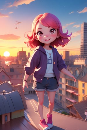 Prompt: a young girls looks at the sunset sky from a roof, summer, summer colors,
