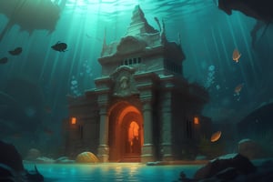 there is a small building in the middle of a city at night, submerged temple scene, eerie nostalgic concept art, underwater temple, the lost city of atlantis, an underwater city, lost city of atlantis, undersea temple, dramatic concept art, dramatic lighting. concept art, submarine near underwater city, submerged temple ritual scene, ancient. atmospheric lighting, luminescent matte painting

