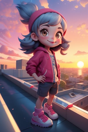 Prompt: a young girls looks at the sunset sky from a roof, summer, summer colors,
