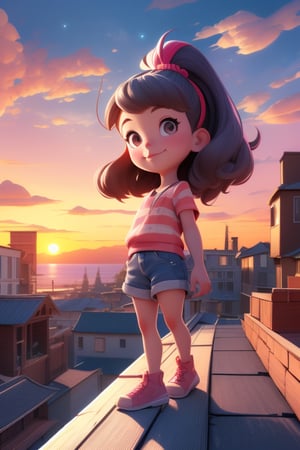 Prompt: a young girls looks at the sunset sky from a roof, summer, summer colors,
