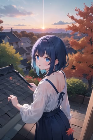 a young girls looks at the sunset sky from a roof, summer, summer colors, leaves, trees, sky, with autumn colors and Prussian blue, cyan, ultramarine, fuchsia, purple, lots of stars