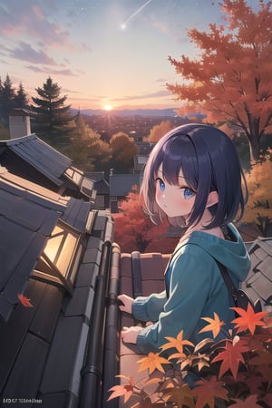 a young girls looks at the sunset sky from a roof, autumn, fall colors, leaves, trees, sky, with autumn colors and Prussian blue, cyan, ultramarine, fuchsia, purple, lots of stars