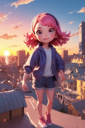 Prompt: a young girls looks at the sunset sky from a roof, summer, summer colors,
