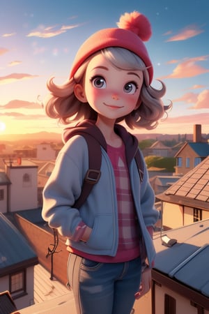 Prompt: a young girls looks at the sunset sky from a roof, summer, summer colors,
