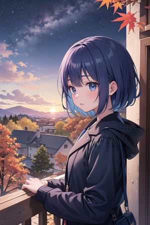 a young girls looks at the sunset sky from a roof, autumn, fall colors, leaves, trees, sky, with autumn colors and Prussian blue, cyan, ultramarine, fuchsia, purple, lots of stars