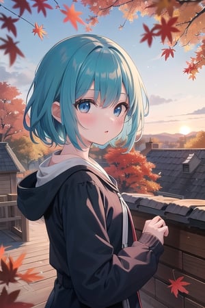 a young girls looks at the sunset sky from a roof, autumn, fall colors, leaves, trees, sky, with autumn colors and Prussian blue, cyan, ultramarine, fuchsia, purple, lots of stars